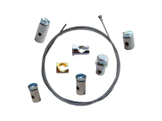 Seilzugreparaturkit (Kupplung, Schaltung usw.) Ø 2 mm, L 2000 mm, Flaschennippel 6x10 mm, je 1 Einhängenippel oben 8x9 mm, 8x14,9 mm, Schlitz 2,6 mm, inkl. 5 verschiedene Schraubnippel