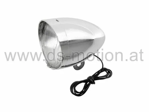 Scheinwerfer chrom, Metallgehäuse, 6V 2,4W, Außenanschluß mit Kabel