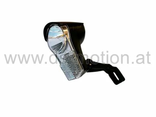 Scheinwerfer mattschwarz, LED, 15 Lux, extrem helle Hochleistungsled 6V 2,4W, Leuchtweite einstellbar, für Seitendynamo, Überspannungsschutz, Doppelkabelanschluss, Kunststoffhalter, integrierter Reflektor, Anschluß für Rücklicht, E- und K-Prüfnummer