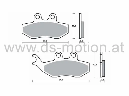 Bremsklötze 94,4 x 42,1 mm, 76,7 x 41,9 mm, Aprilia RX -11 vo, SX vo., RS -05 vo., Beta RR vo., Senda DRD 04- vo., Generic Trigger vo., Peugeot Grim. Geopolis, Jet Force, Piaggio Hexagon, Beverly, Rieju MRX, SMX, Vespa GT Grim., Yamaha TZR