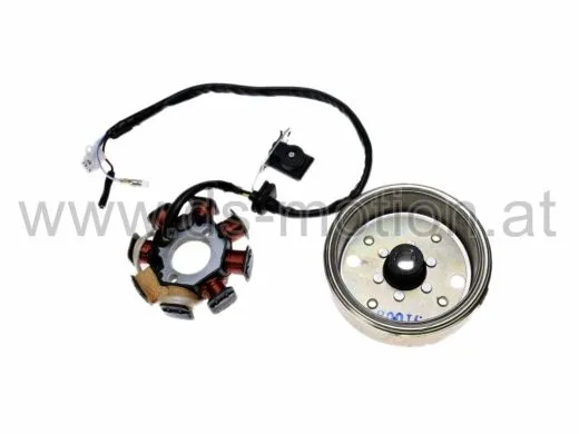 Zündplatte, Stator 8 polig mit Schwung, GY6 50 ccm, 4T, 1. Version, Baotian, Explorer, Generic, Karcher, Kreidler, Motowell, Peugeot Django, Kisbee, V-Clic, Rex, Rieju Paseo, Toreo, Sym Fiddle, Orbit, Sachs, Znen