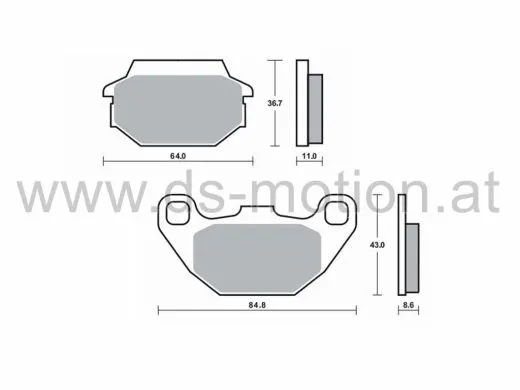 Bremsklötze 84,8 x 43 mm, 64 x 36,7 mm, Kymco Agility 125, 150, 200, R16, Agility 50 2T, 4T, R16, Agility City 50 2T, 4T, Like 50 2T, 4T, Like 125, MXer 50, 125, 150, MXU 50, 150, People 50, 125, Super 8 50 2T, 4T, Super 9 50 LC, 250, SYM HD 125, 200