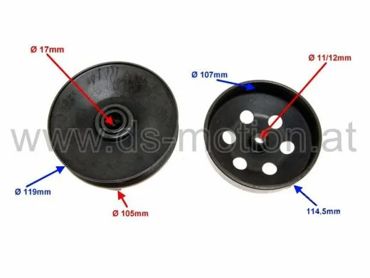 Kupplungskit mit Korb und Riemenscheibe 107 mm, GY6, 139 QMA/QMB, Baotian, Beeline, Benzhou, Daelim, Explorer, Generic, Honda, Kymco, Peugeot, SYM, Sachs