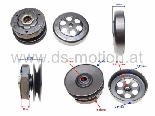 Kupplungskit mit Korb und Riemenscheibe 112 mm, Motor: CPI Euro I, II, Generic, Exlporer, Keeway, Derbi AC, LC, Morini Motor: Suzuki, TGB