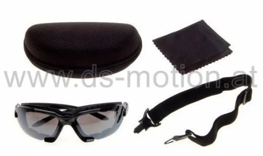 Motorrad-, Fahrrad-, Sonnenbrille, schwarz, inkl. Hartschalenetui, Kopfband und Reinigungstuch